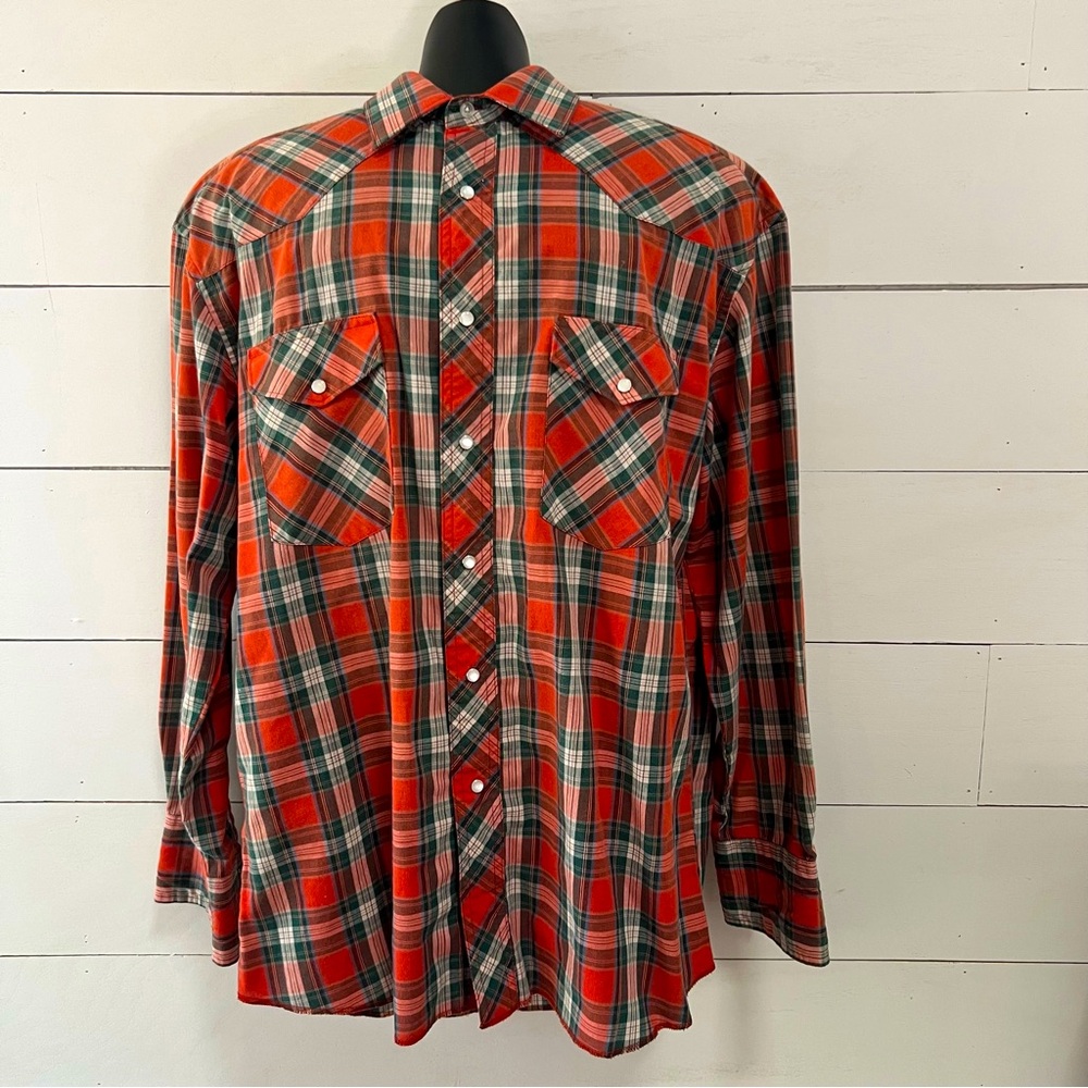 Men’s VINTAGE Wrangler X Long Tails 16 34 Orange Green Plaid Pearl Snap